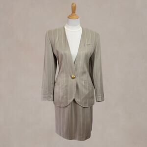 Vintage 90s Amanda Smith Skirt Blazer Suit Set Beige Pinstripe 10
